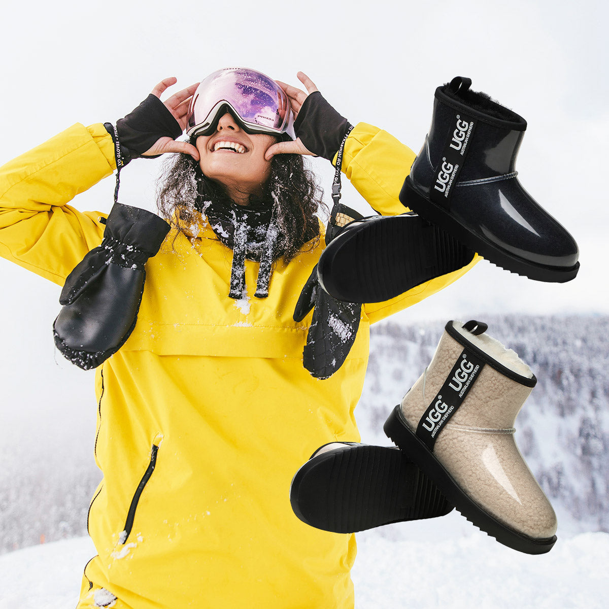 a girl skiing in winter while wearing waterproof UGG boots