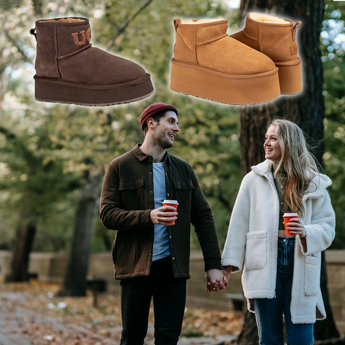 a couple holding hands with a coffee and wearing UGG boots