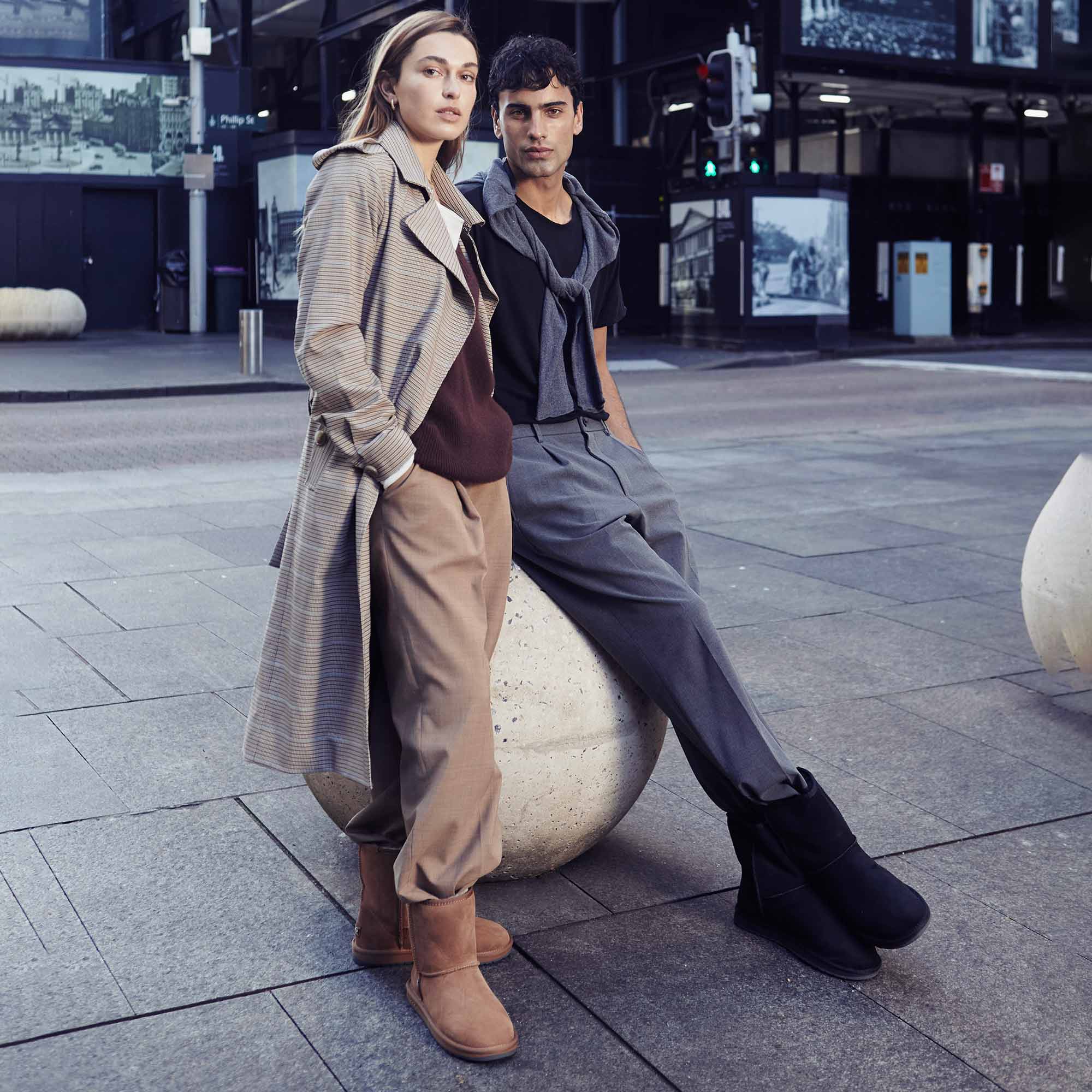 couple wearing UGG short boots for a modern spring look