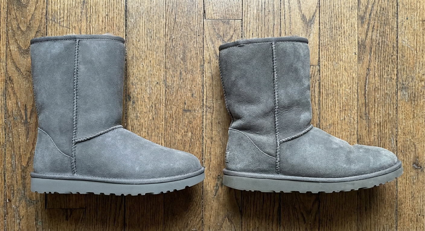 A top-down comparison of two grey UGG boots on a wooden floor, showing one new boot next to an older, stretched-out boot.