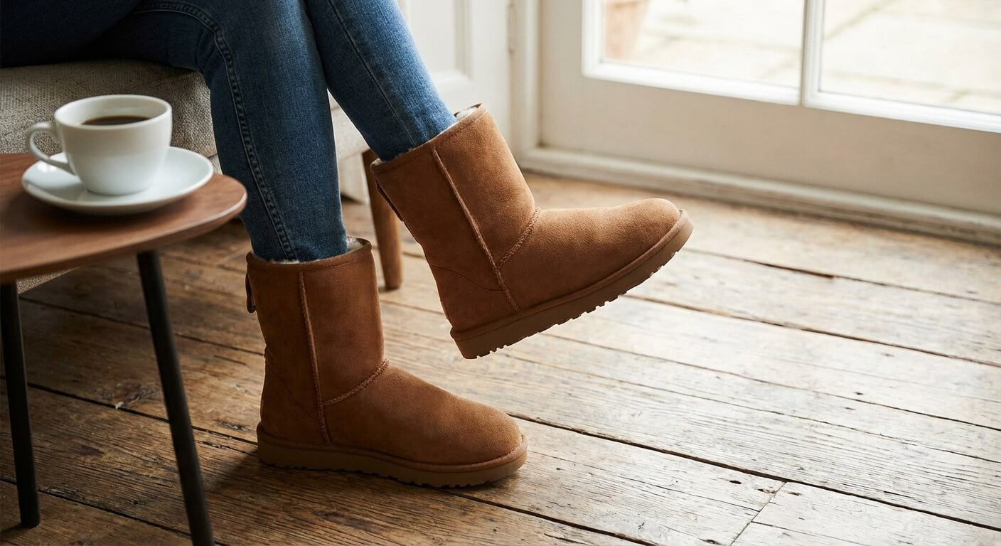 A candid lifestyle photo of a person's feet in chestnut UGG boots, resting on a rustic wooden floor next to a coffee cup in a sunlit room.