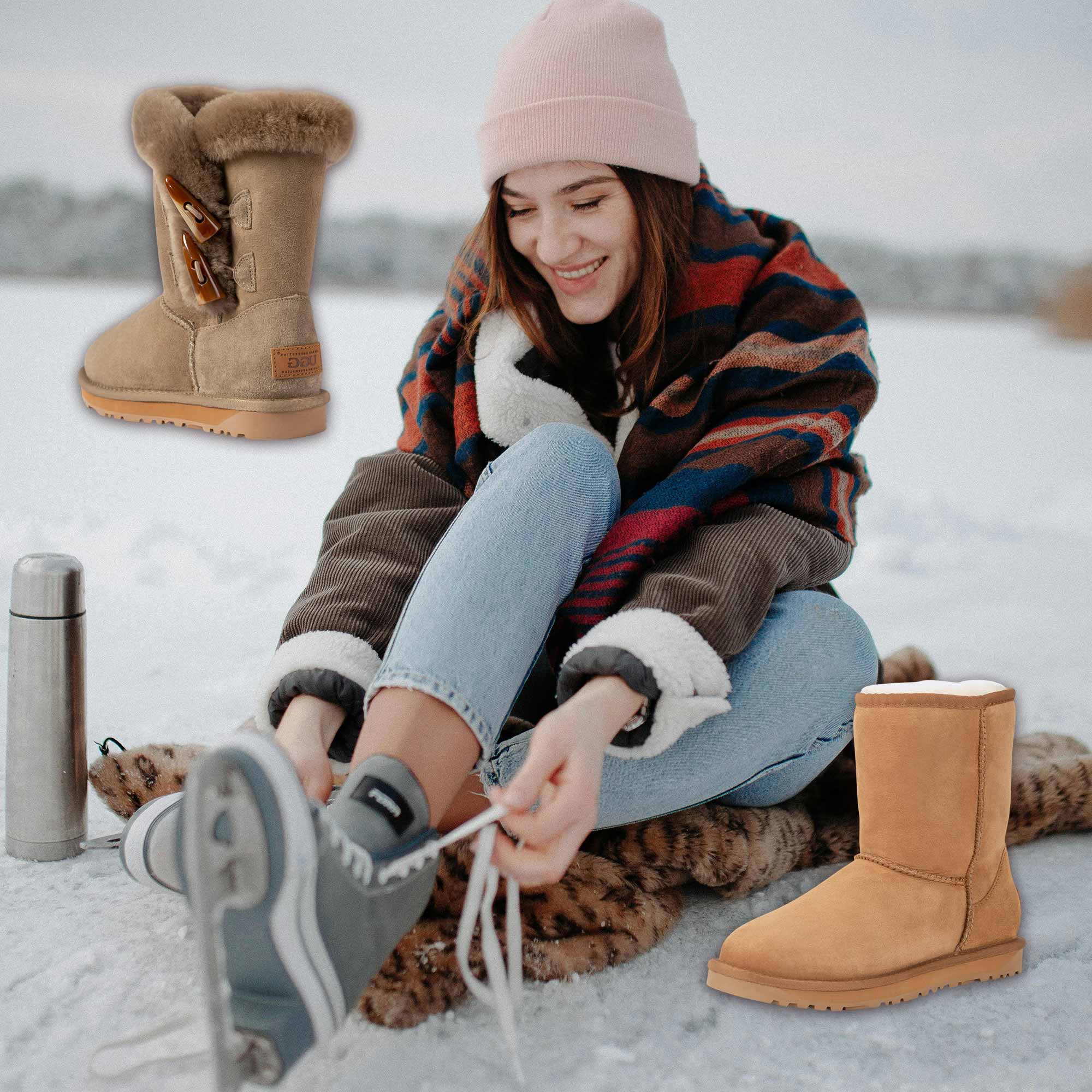 woman wearing ice skating shoes while getting her UGG boots ready for post skating