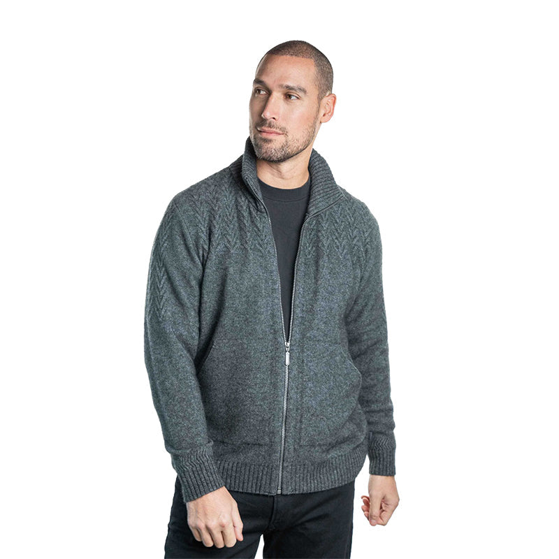 Men's charcoal wool zip-up cardigan with cable knit detail