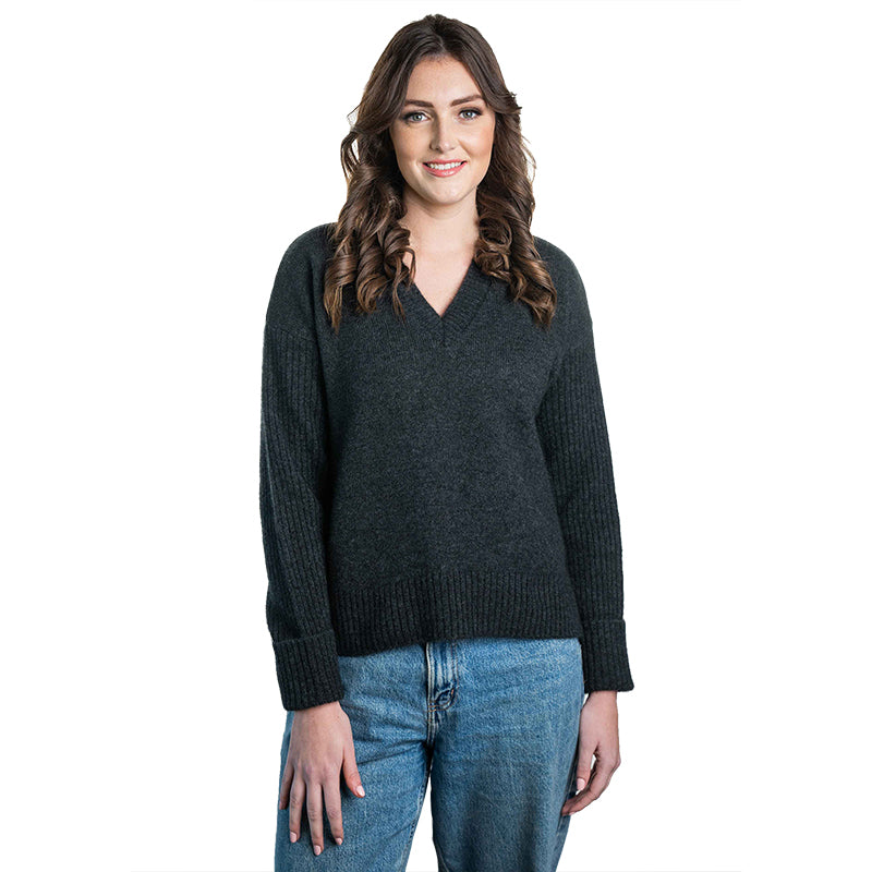 Women's dark charcoal wool v-neck jumper with ribbed sleeves