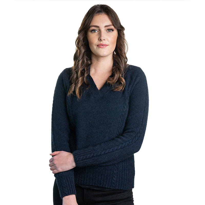 Women's navy wool v-neck jumper with cable knit sleeve detail